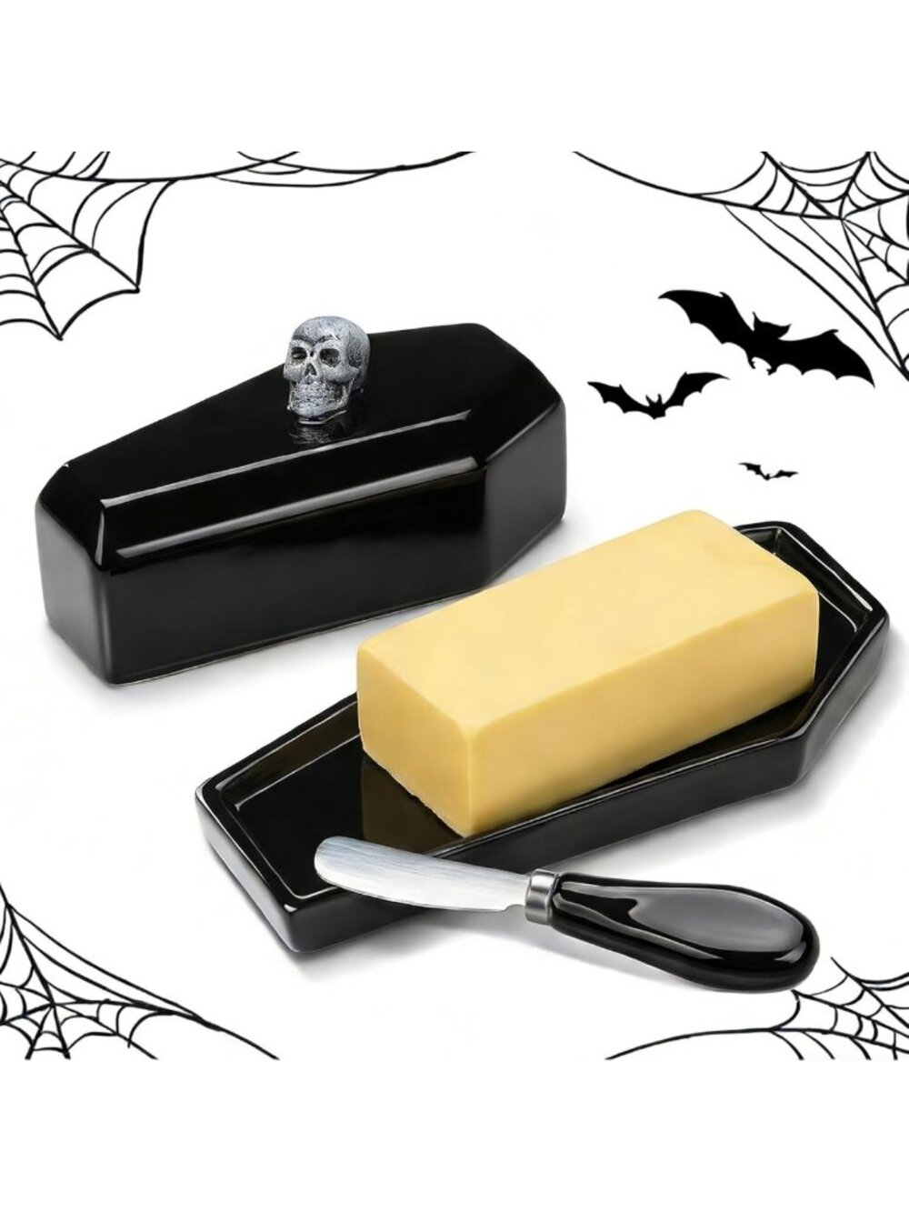 Reallnaive 2 Pcs Coffin Butter Dish with Lid, Gothic Skull Black,Stereo